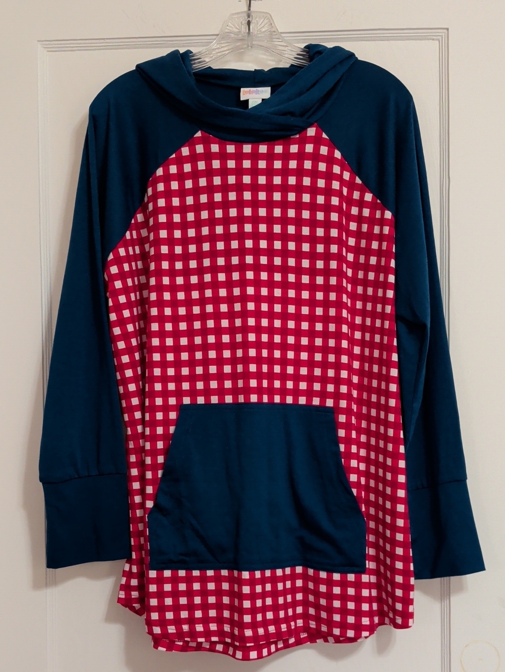 LuLaRoe Deep Teal Crewneck Top With Red & White Checker Pattern Size 2XL Hoodie